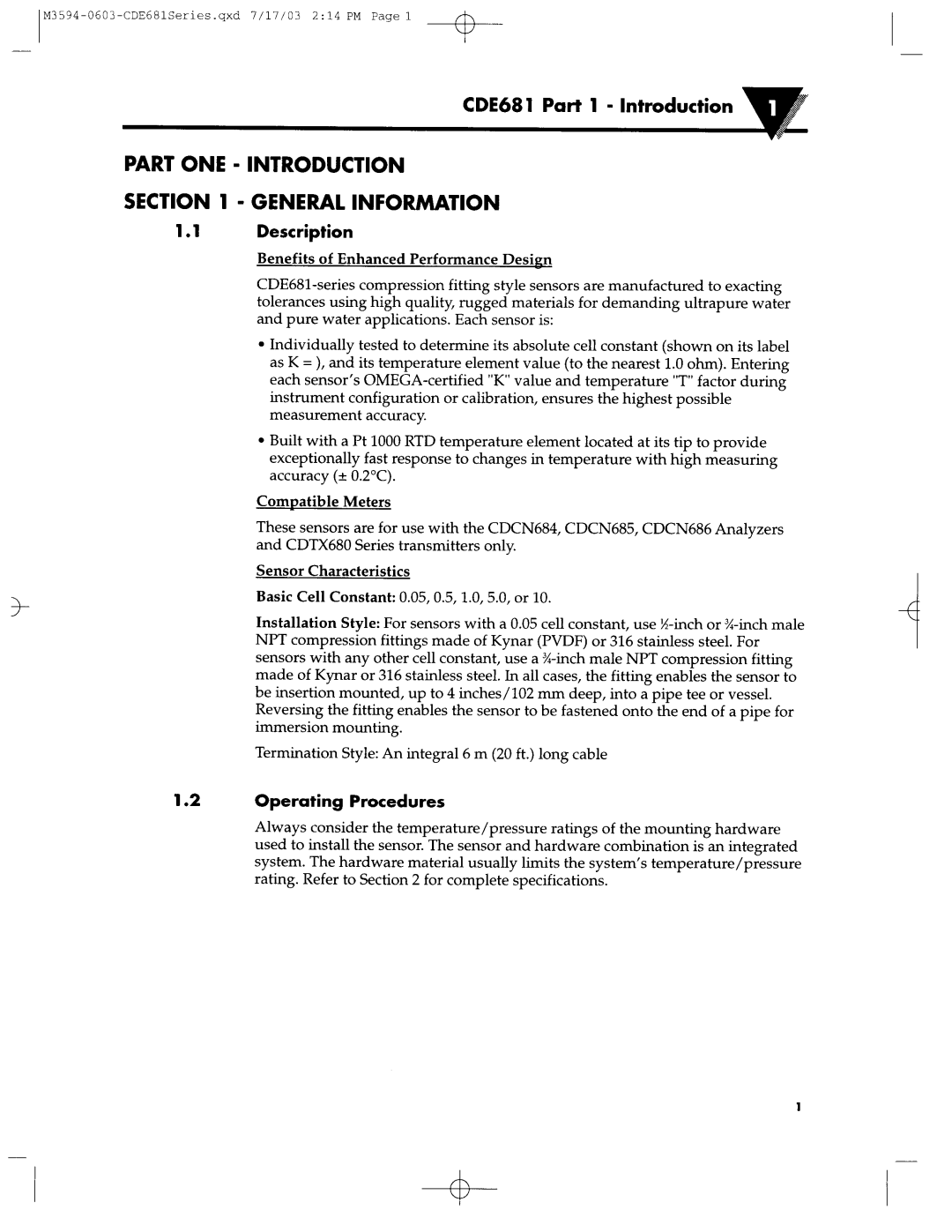 Omega Engineering manual Part ONE Introduction General Information, CDE681 Part 1 Introduction, Description 