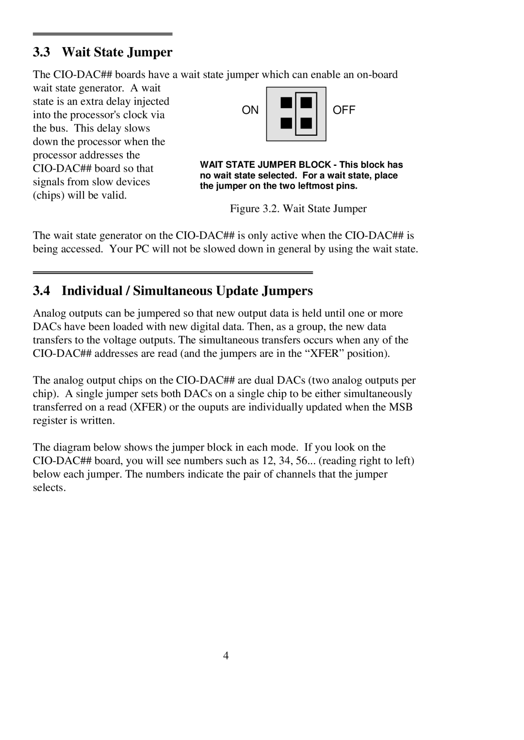 Omega Engineering CIO-DAC16, CIO-DAC08 user manual Wait State Jumper, Off 