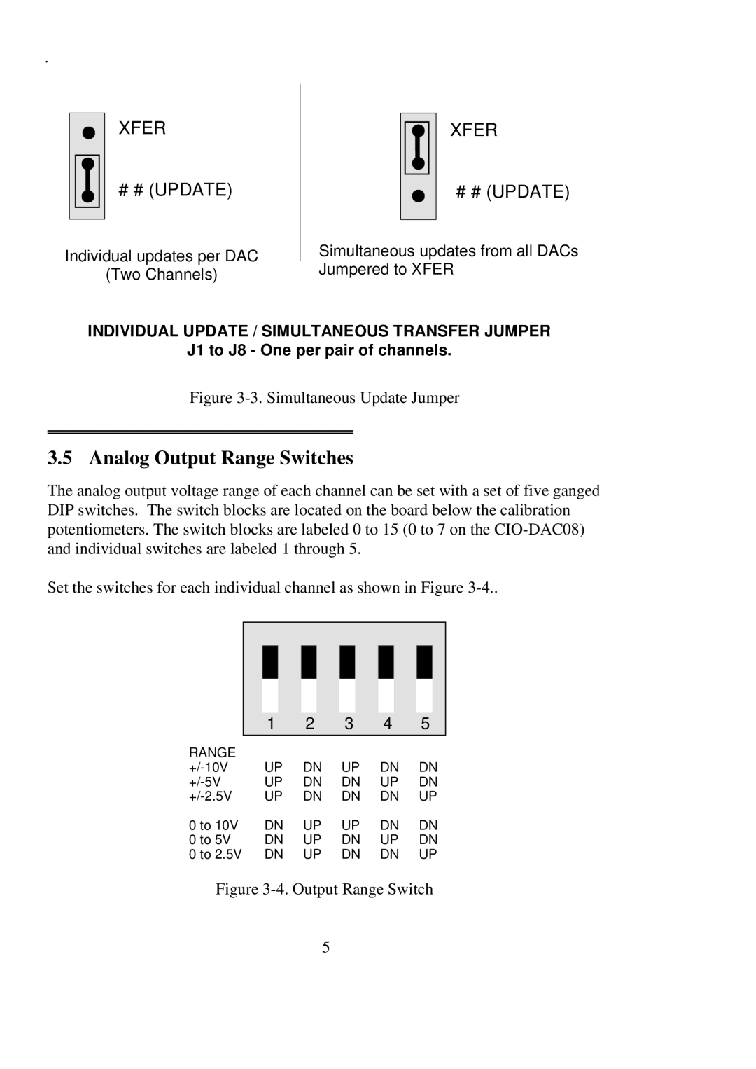 Omega Engineering CIO-DAC08, CIO-DAC16 user manual Analog Output Range Switches, Simultaneous Update Jumper 