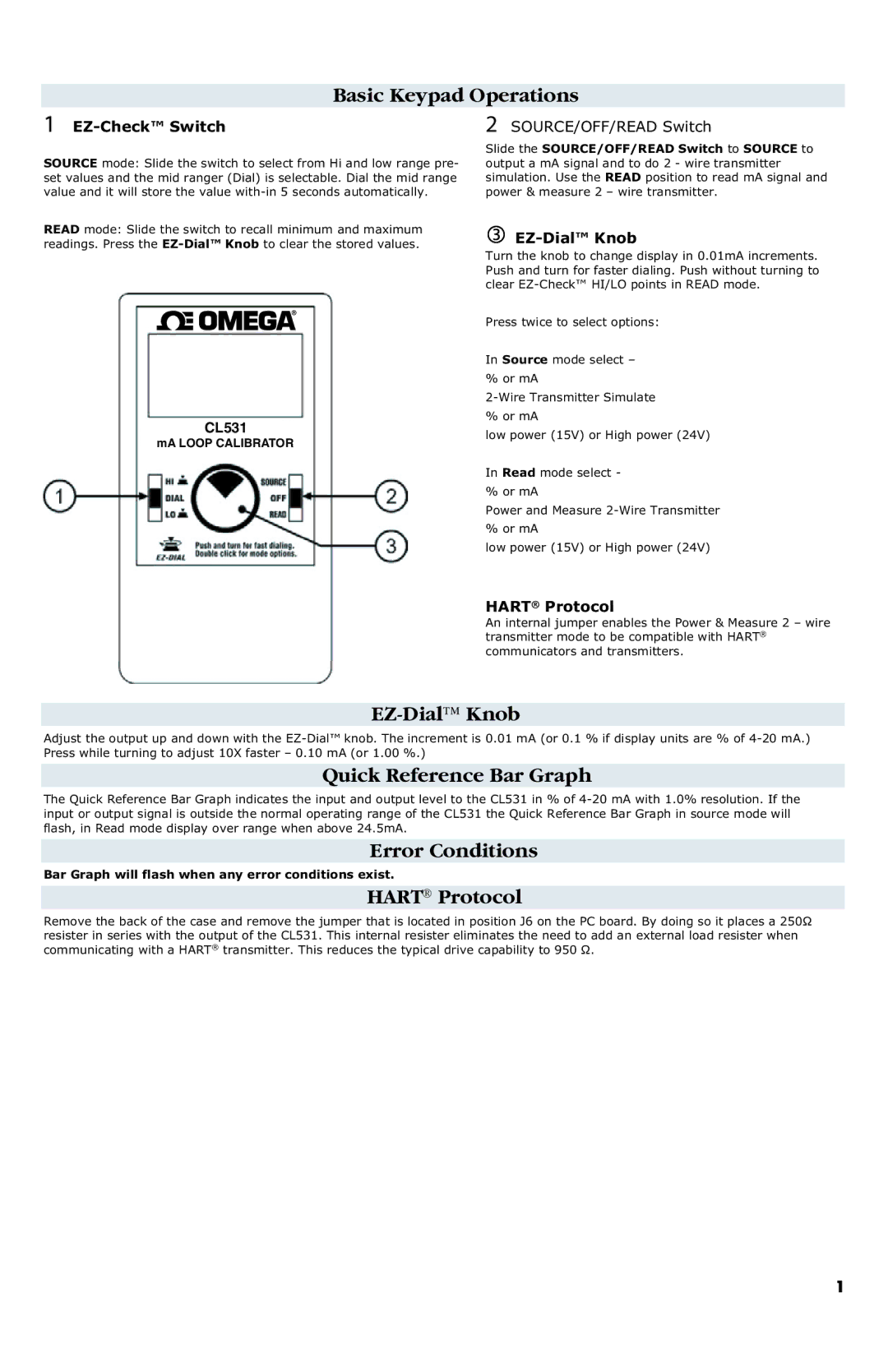 Omega Engineering CL531 Basic Keypad Operations, EZ-Dial Knob, Quick Reference Bar Graph, Error Conditions, Hart Protocol 