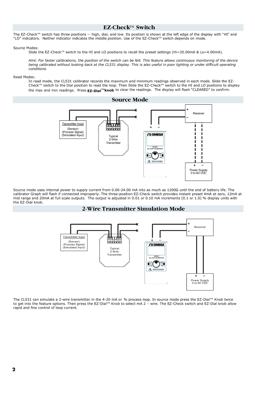 Omega Engineering CL531 manual EZ-CheckSwitch, Source Mode, Wire Transmitter Simulation Mode 