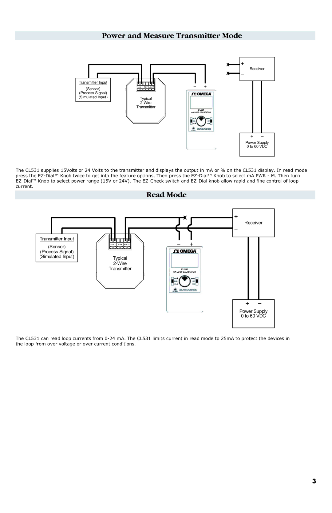 Omega Engineering CL531 manual Power and Measure Transmitter Mode, Read Mode 