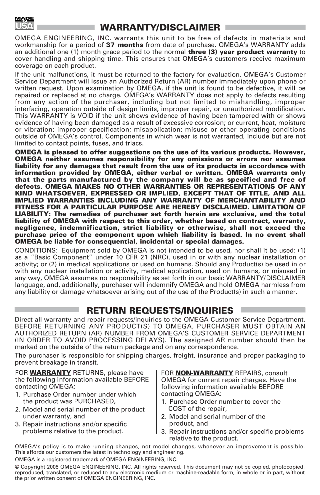 Omega Engineering CL531 manual Warranty/Disclaimer 