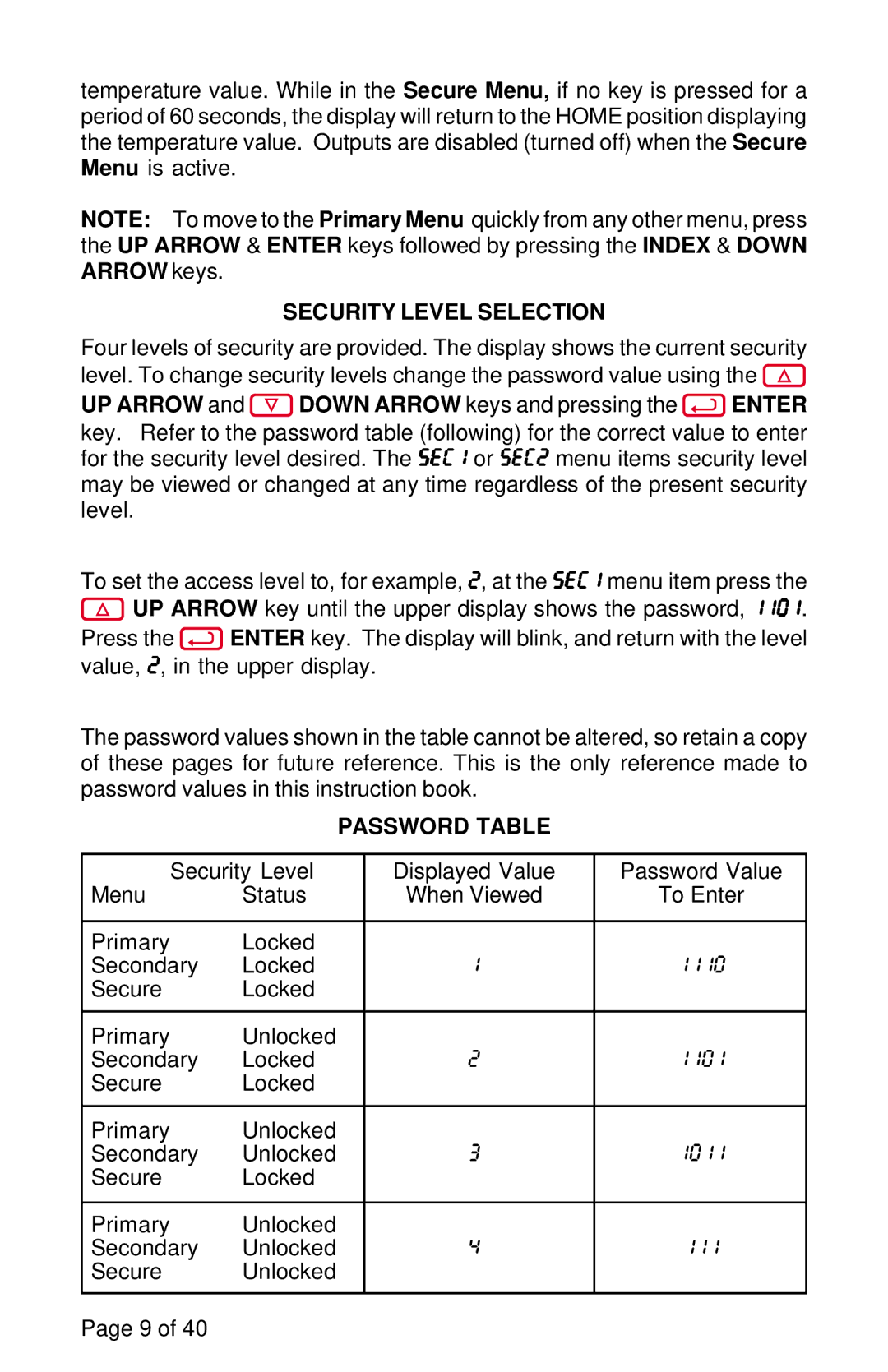 Omega Engineering CN 79000 manual Security Level Selection, Password Table 