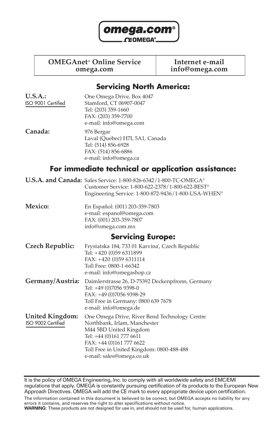 Omega Engineering CN 79000 Servicing North America, For immediate technical or application assistance, Servicing Europe 