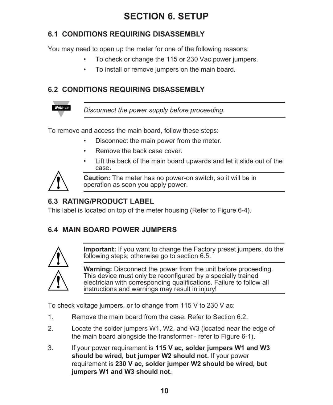 Omega Engineering CN1001-RTD manual Conditions Requiring Disassembly, RATING/PRODUCT Label, Main Board Power Jumpers 