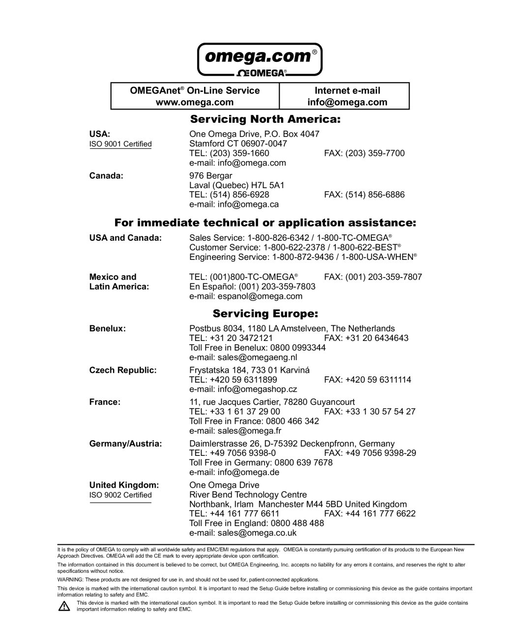 Omega Engineering CN1001-RTD manual Servicing North America 