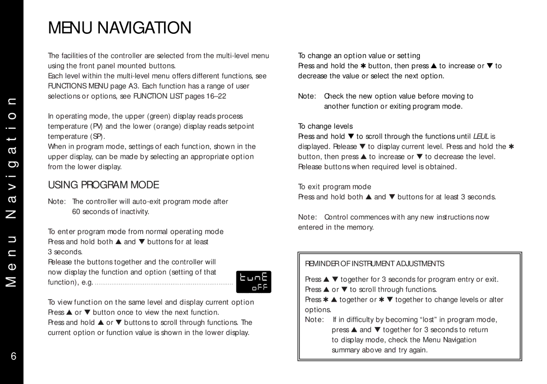 Omega Engineering CN9400 Menu Navigation, N u N a v i g a t i o n, Using Program Mode, Reminder of Instrument Adjustments 