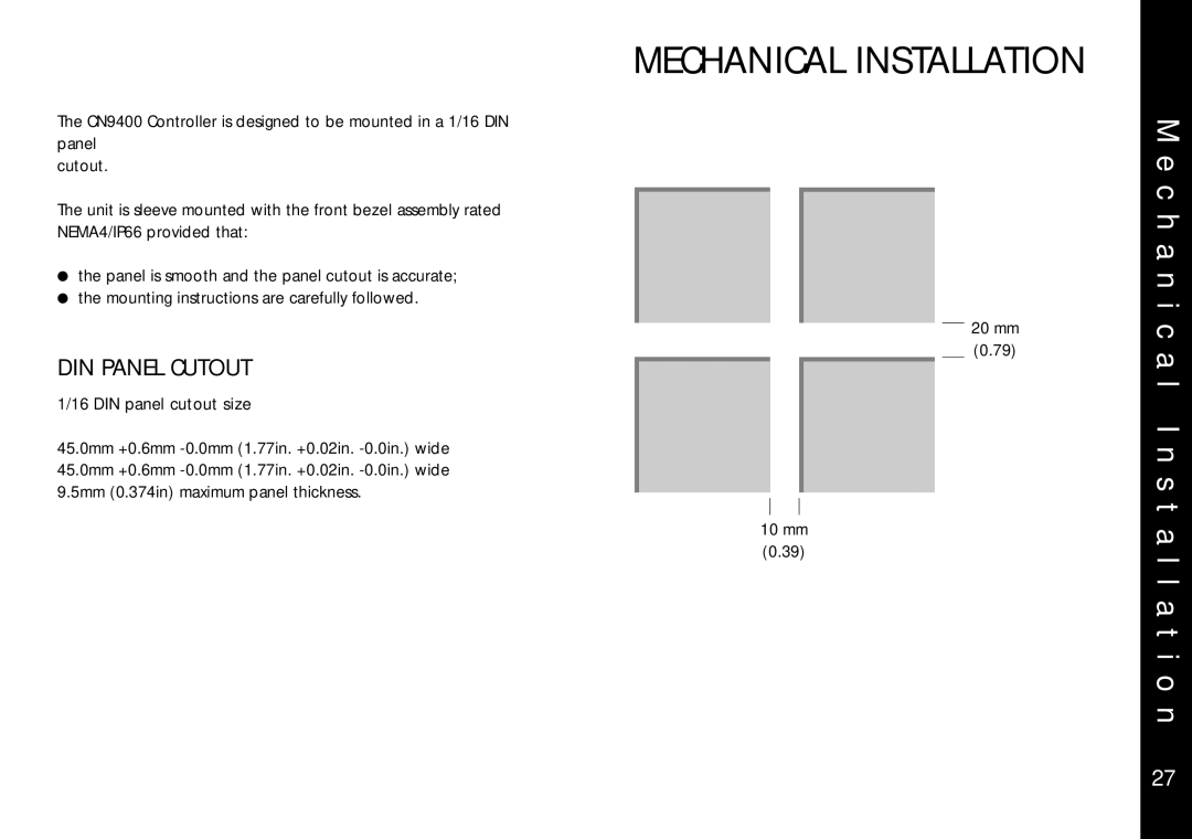 Omega Engineering CN9400 Mechanical Installation, C h a n i c a l Installation, DIN Panel Cutout, DIN panel cutout size 