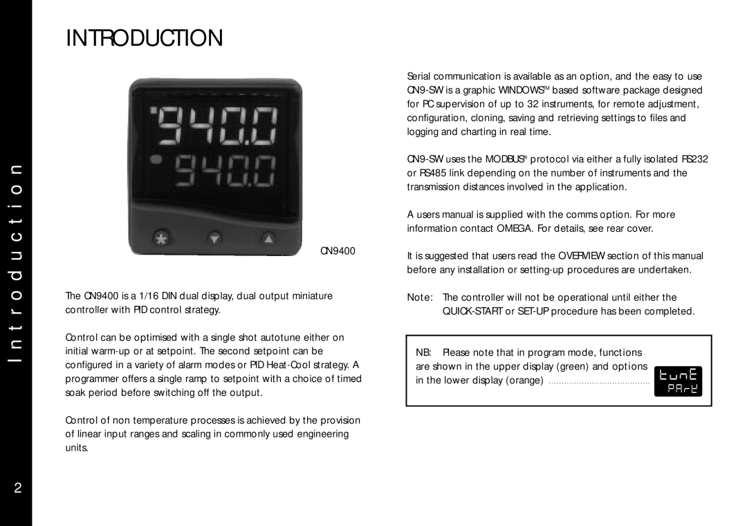 Omega Engineering CN9400 specifications Introduction, T r o d u c t i o n, Tune, Lower display orange 