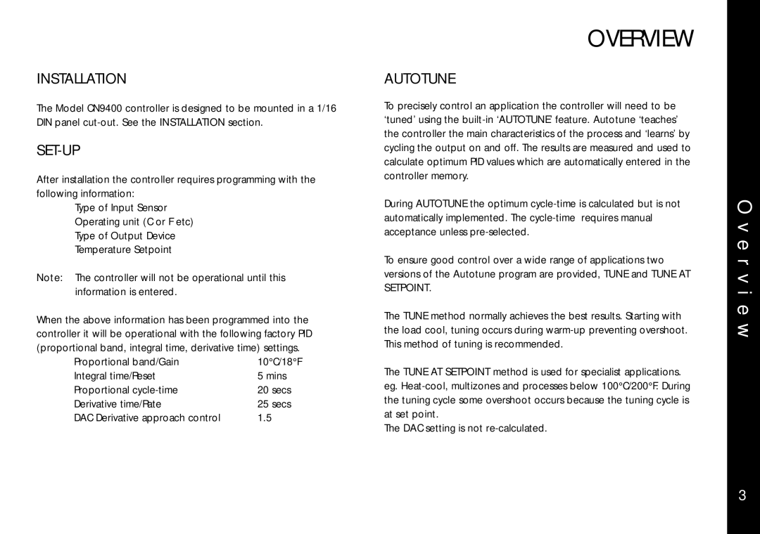 Omega Engineering CN9400 specifications Overview, E r v i e w, Set-Up, Autotune 