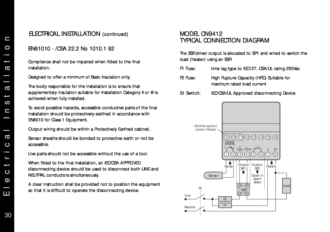 Omega Engineering CN9400 specifications c a l I n s t a l l a t i o n, E l e c t r, ELECTRICAL INSTALLATION continued 