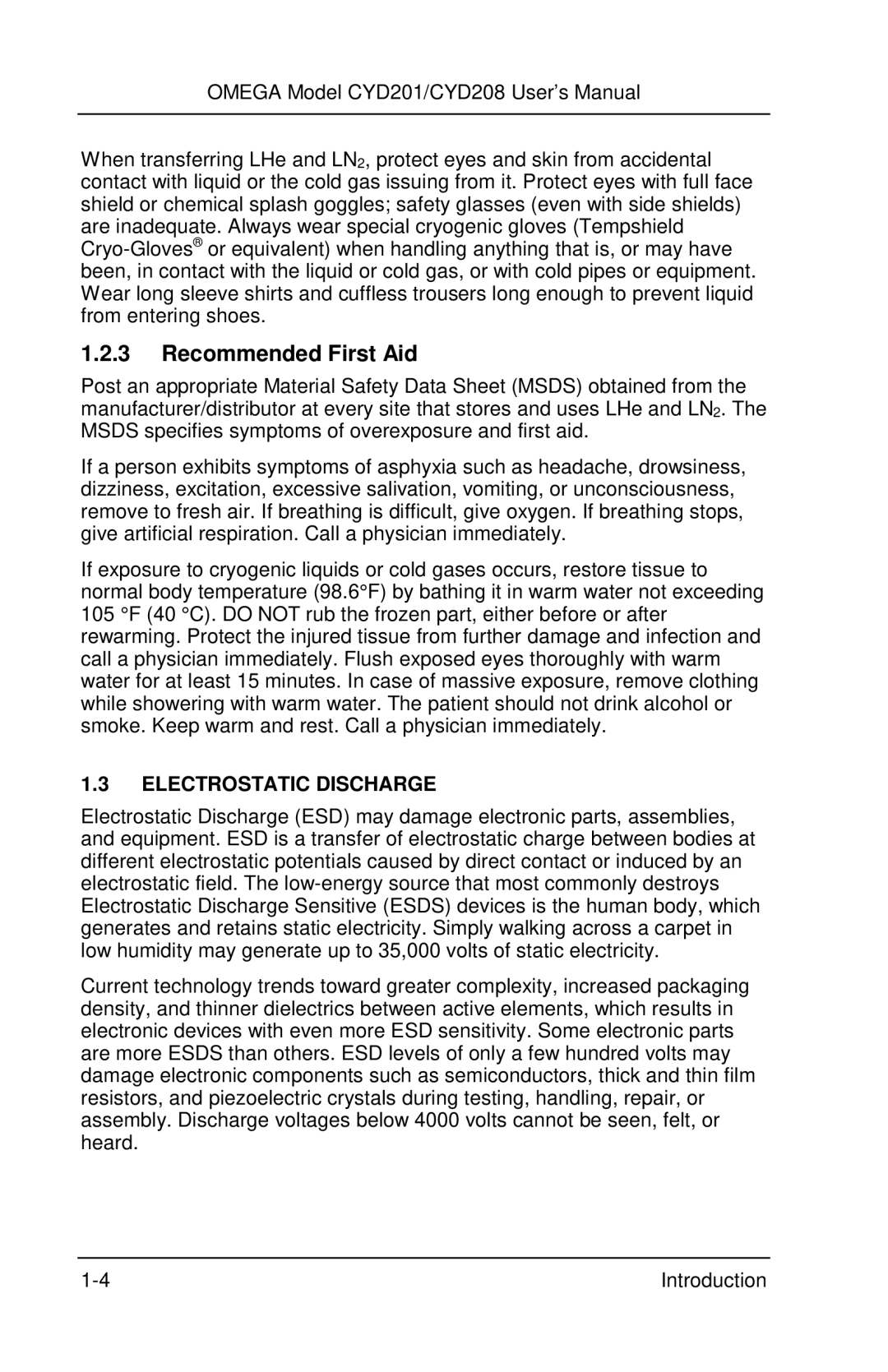 Omega Engineering CYD201 and CYD208 manual Recommended First Aid, Electrostatic Discharge 