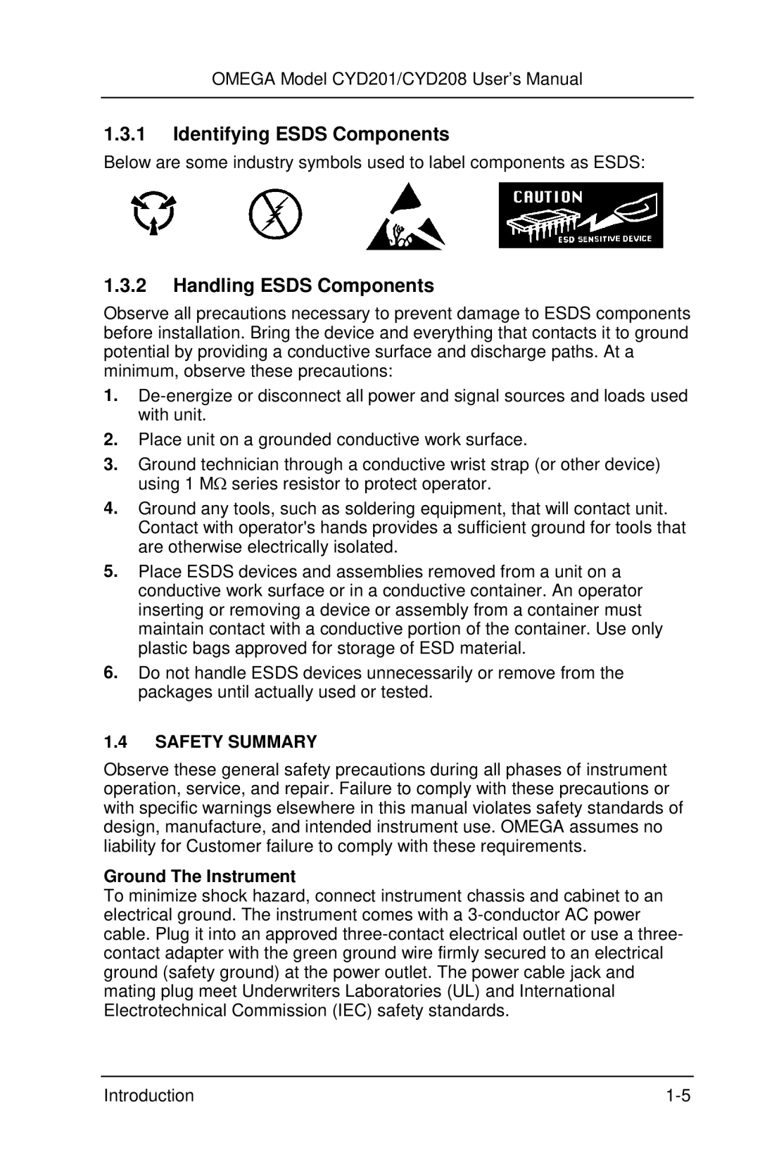 Omega Engineering CYD201 and CYD208 manual Identifying Esds Components, Handling Esds Components, Safety Summary 