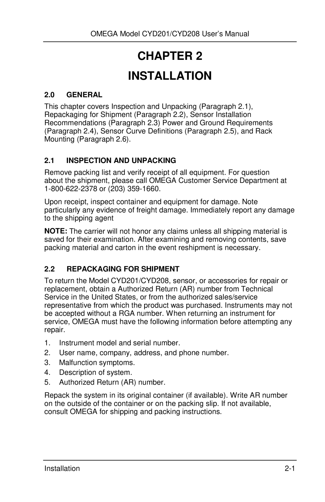 Omega Engineering CYD201 and CYD208 manual Chapter Installation, Inspection and Unpacking, Repackaging for Shipment 
