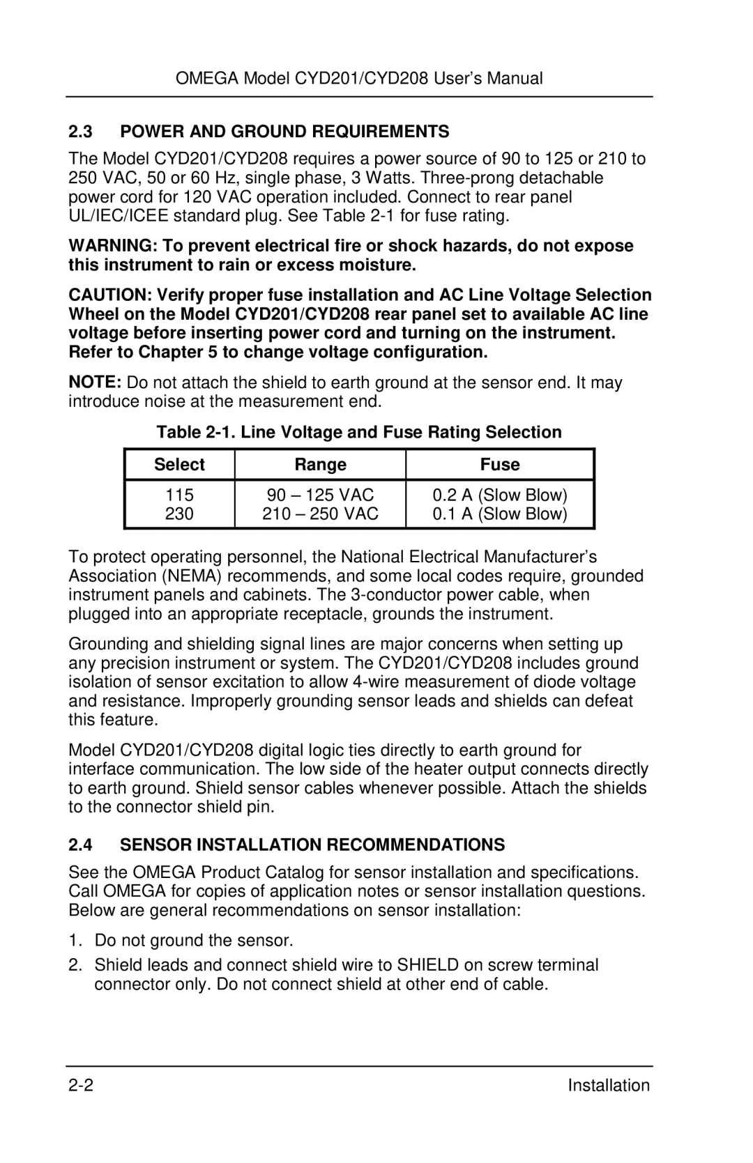 Omega Engineering CYD201 and CYD208 manual Power and Ground Requirements, Sensor Installation Recommendations 