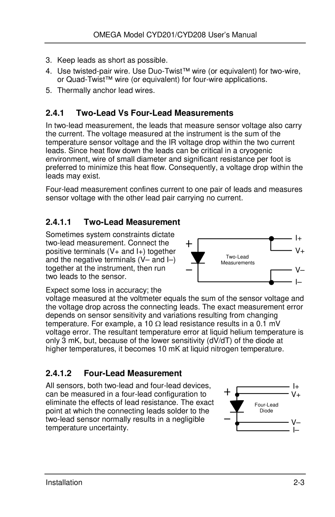 Omega Engineering CYD201 and CYD208 manual Two-Lead Vs Four-Lead Measurements, Two-Lead Measurement 