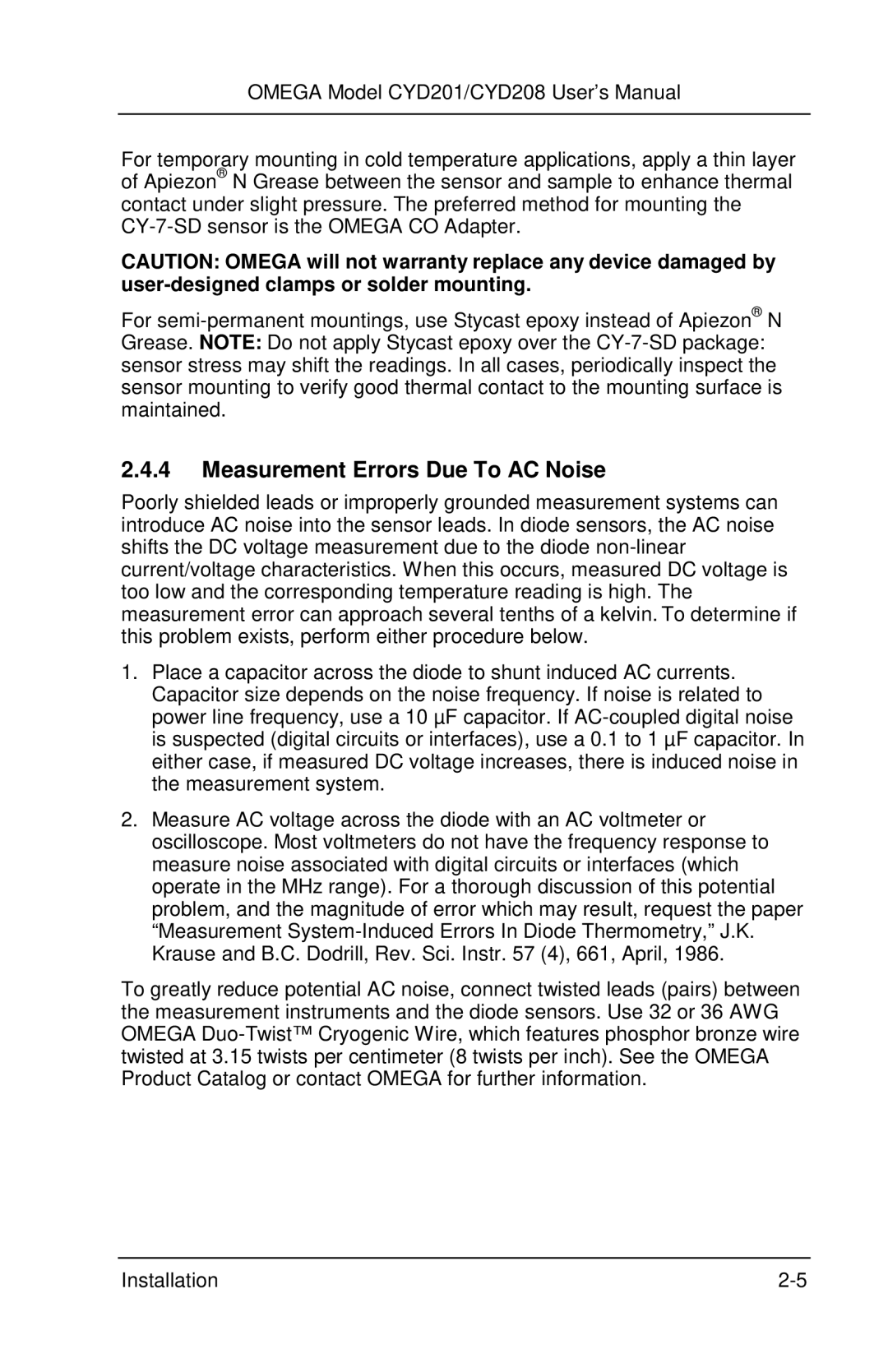 Omega Engineering CYD201 and CYD208 manual Measurement Errors Due To AC Noise 