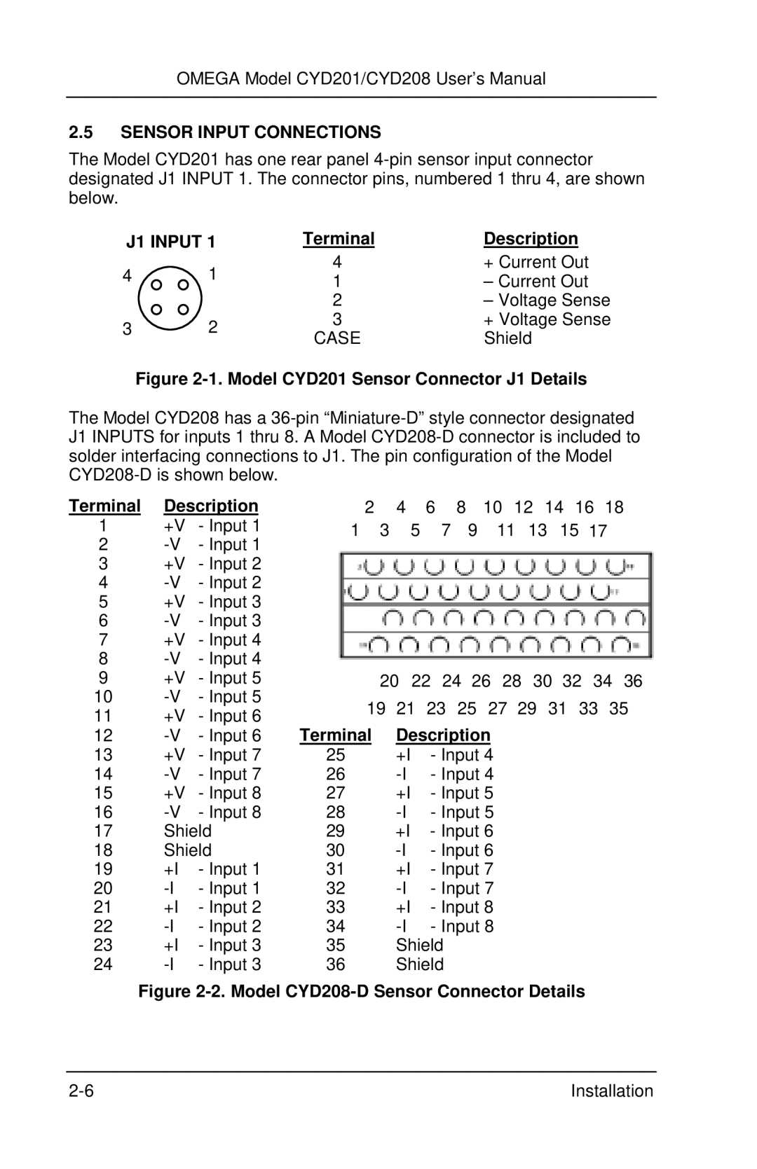 Omega Engineering CYD201 and CYD208 manual Sensor Input Connections, J1 Input, Terminal Description 