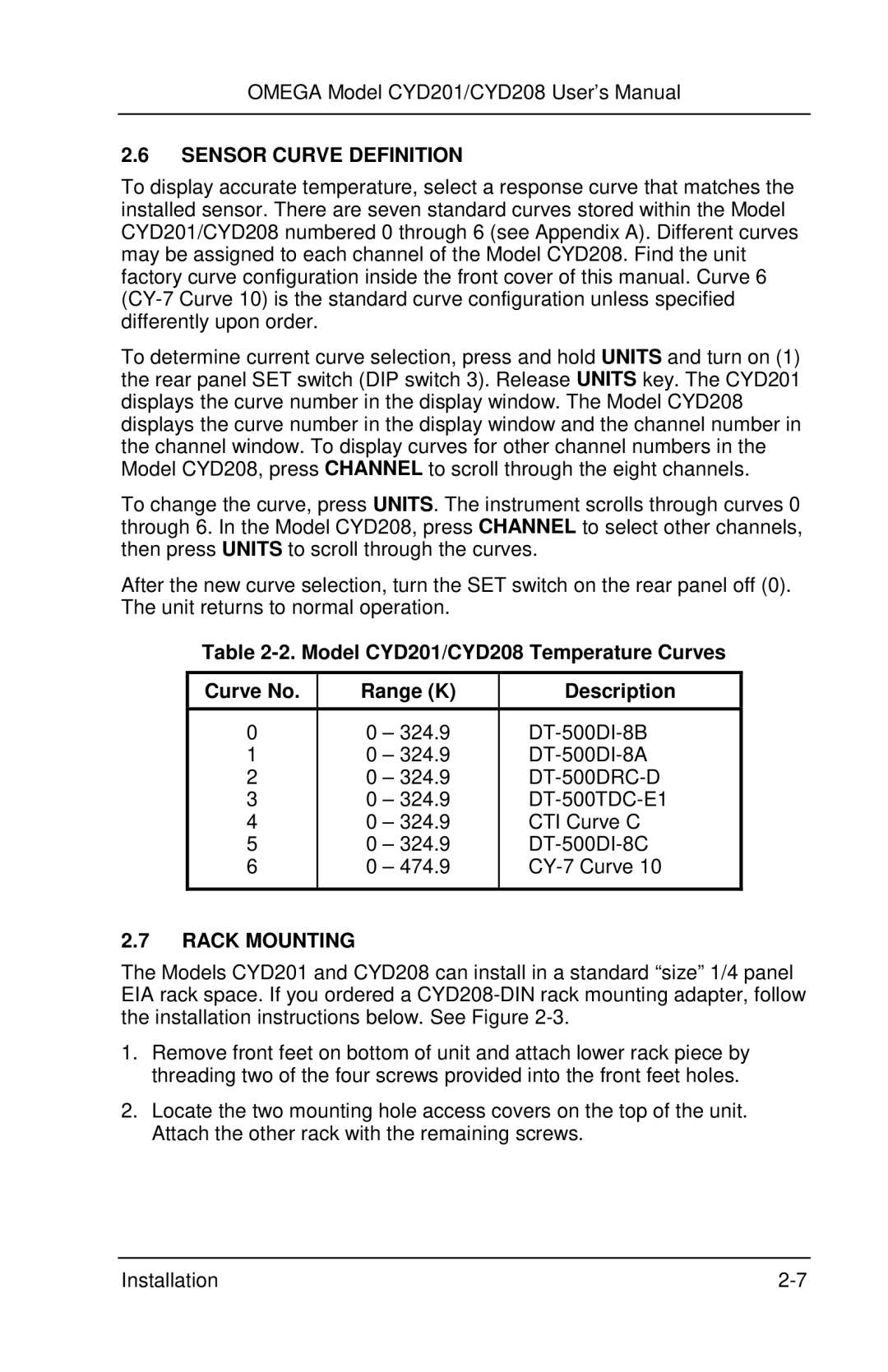 Omega Engineering CYD201 and CYD208 manual Sensor Curve Definition, Rack Mounting 