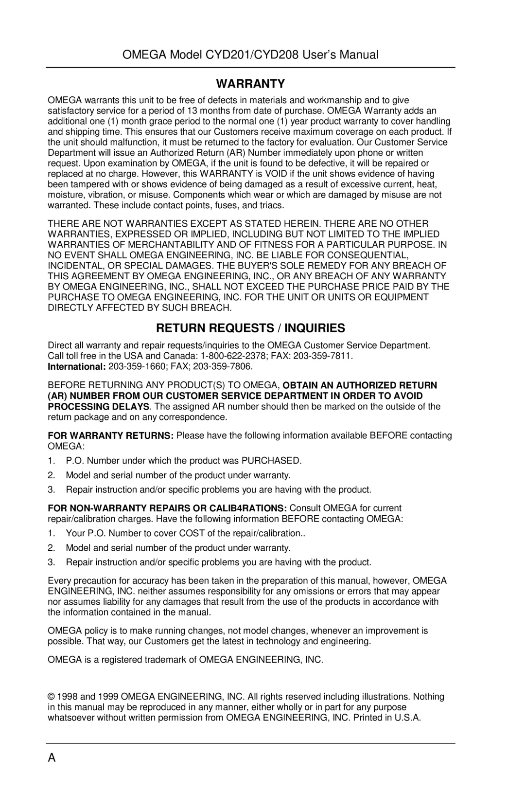 Omega Engineering CYD201 and CYD208 manual Warranty, Return Requests / Inquiries 