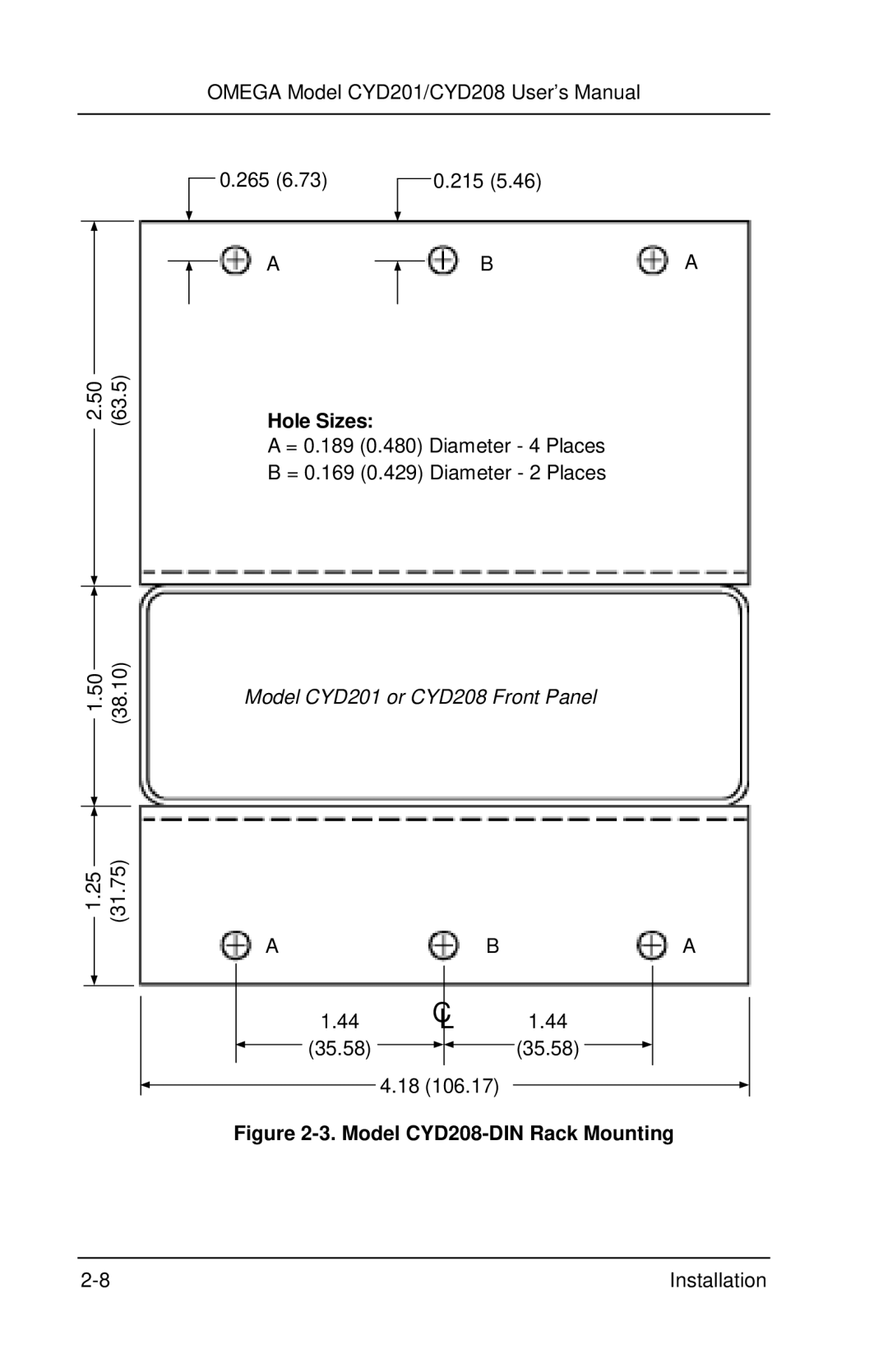 Omega Engineering CYD201 and CYD208 manual Hole Sizes, Model CYD208-DIN Rack Mounting 