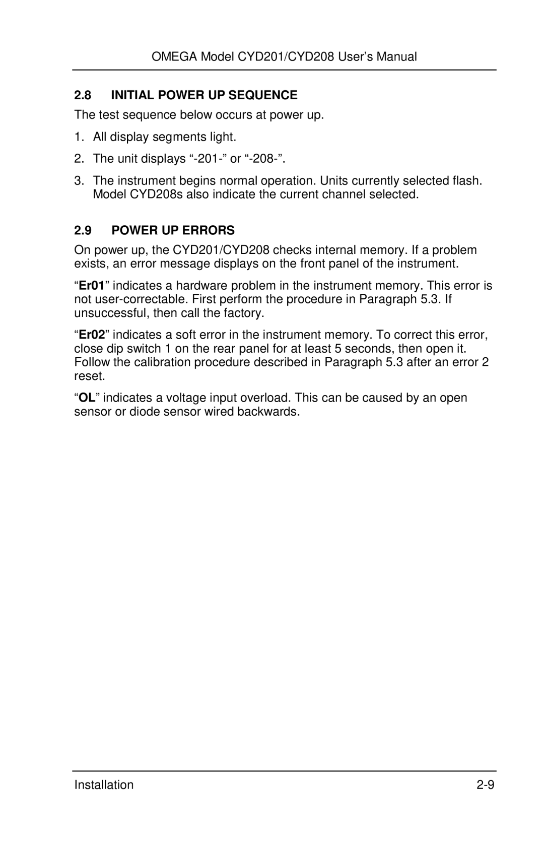 Omega Engineering CYD201 and CYD208 manual Initial Power UP Sequence, Power UP Errors 