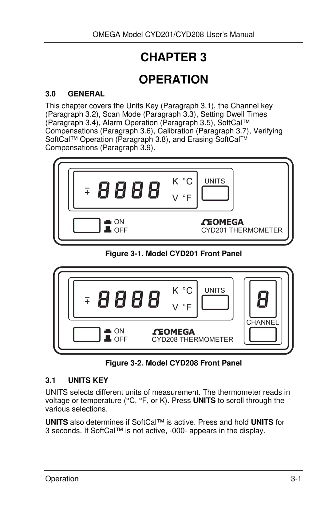 Omega Engineering CYD201 and CYD208 manual Chapter Operation, Units KEY 