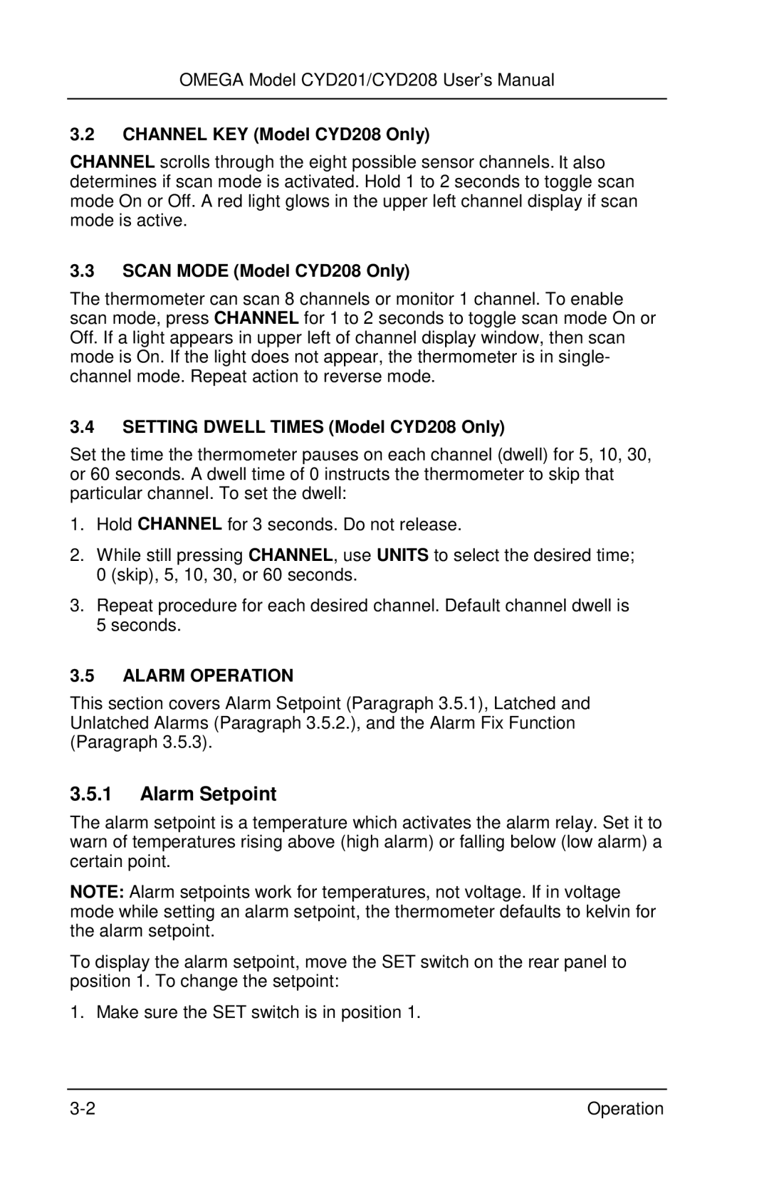 Omega Engineering CYD201 and CYD208 manual Alarm Setpoint, Channel KEY Model CYD208 Only, Scan Mode Model CYD208 Only 