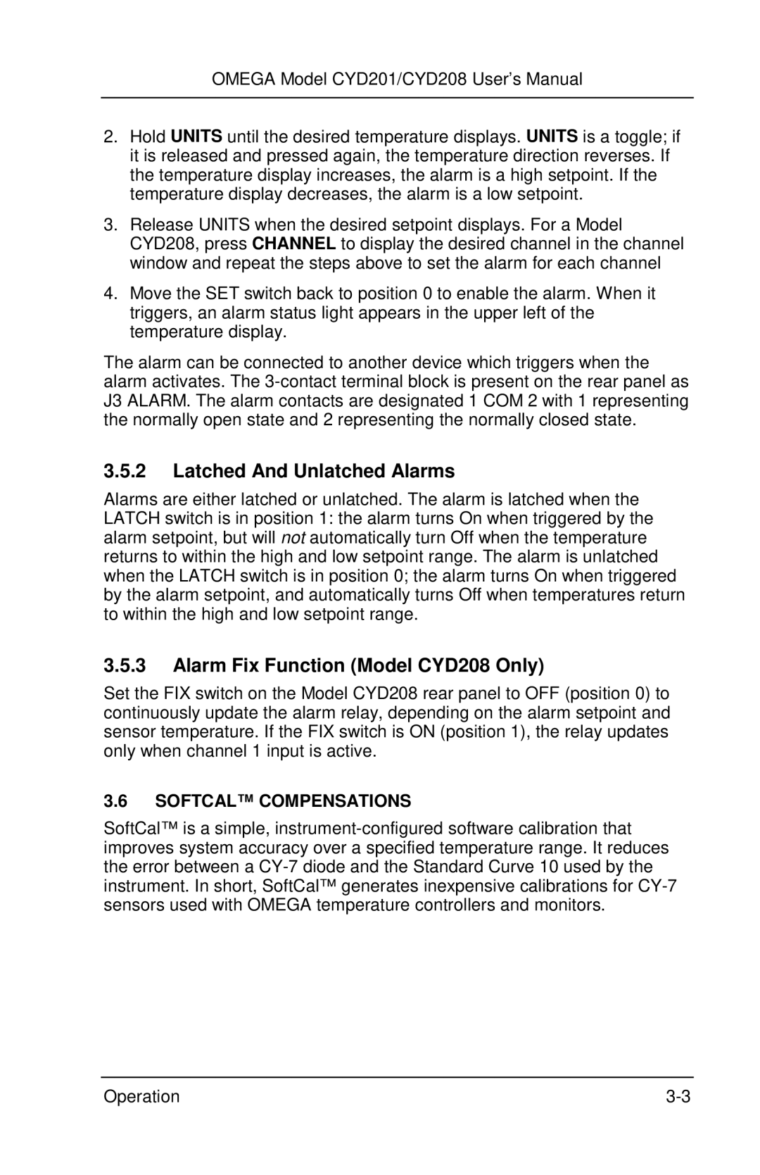 Omega Engineering CYD201 and CYD208 manual Latched And Unlatched Alarms, Alarm Fix Function Model CYD208 Only 