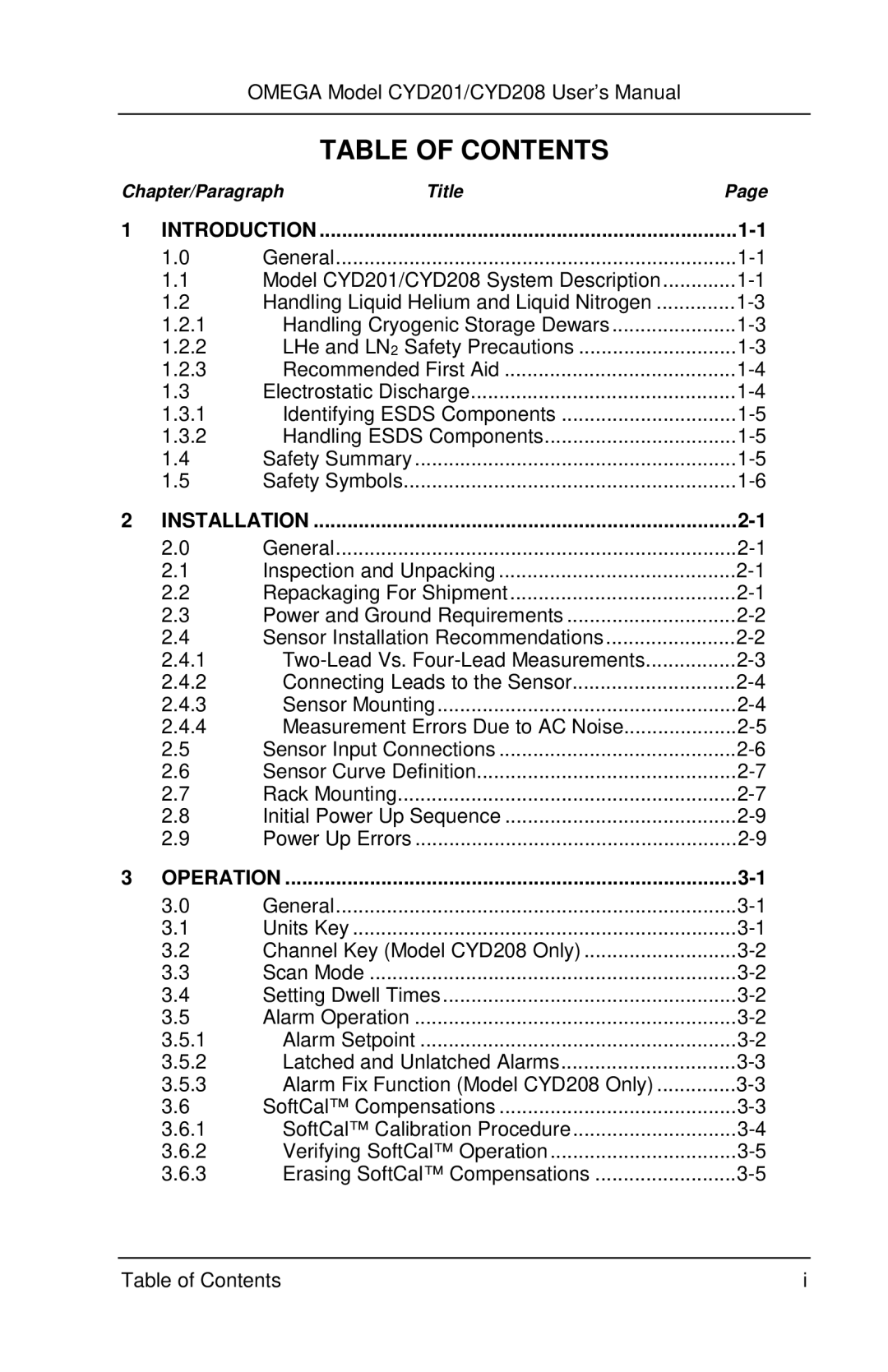 Omega Engineering CYD201 and CYD208 manual Table of Contents 