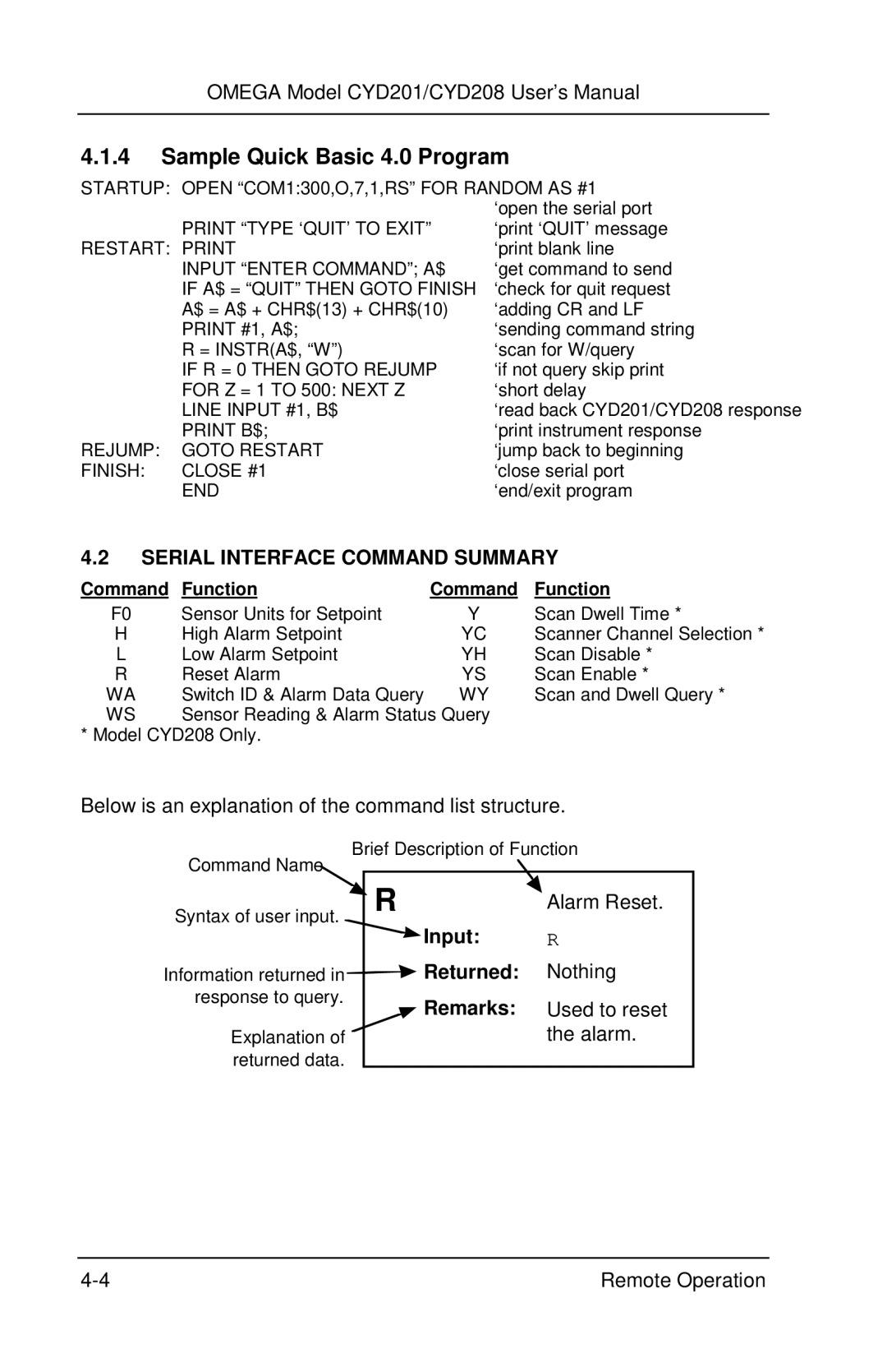 Omega Engineering CYD201 and CYD208 Sample Quick Basic 4.0 Program, Serial Interface Command Summary, Input, Returned 