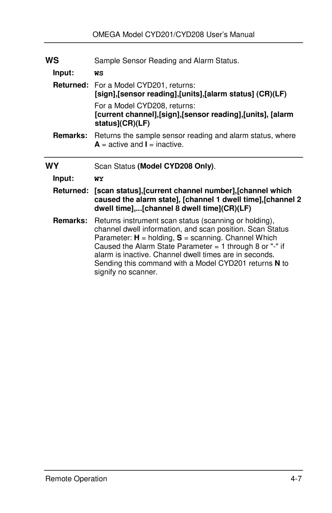 Omega Engineering CYD201 and CYD208 manual Sign,sensor reading,units,alarm status Crlf, Scan Status Model CYD208 Only 