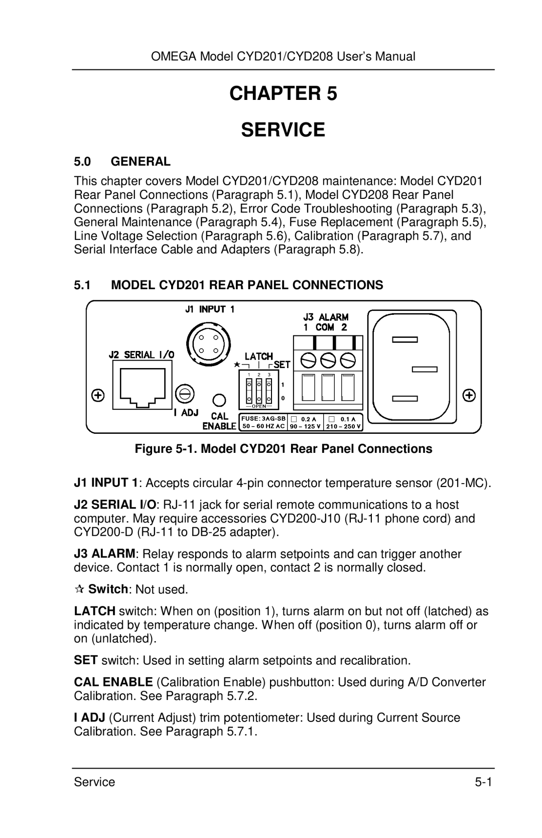 Omega Engineering CYD201 and CYD208 manual Chapter Service, Model CYD201 Rear Panel Connections 