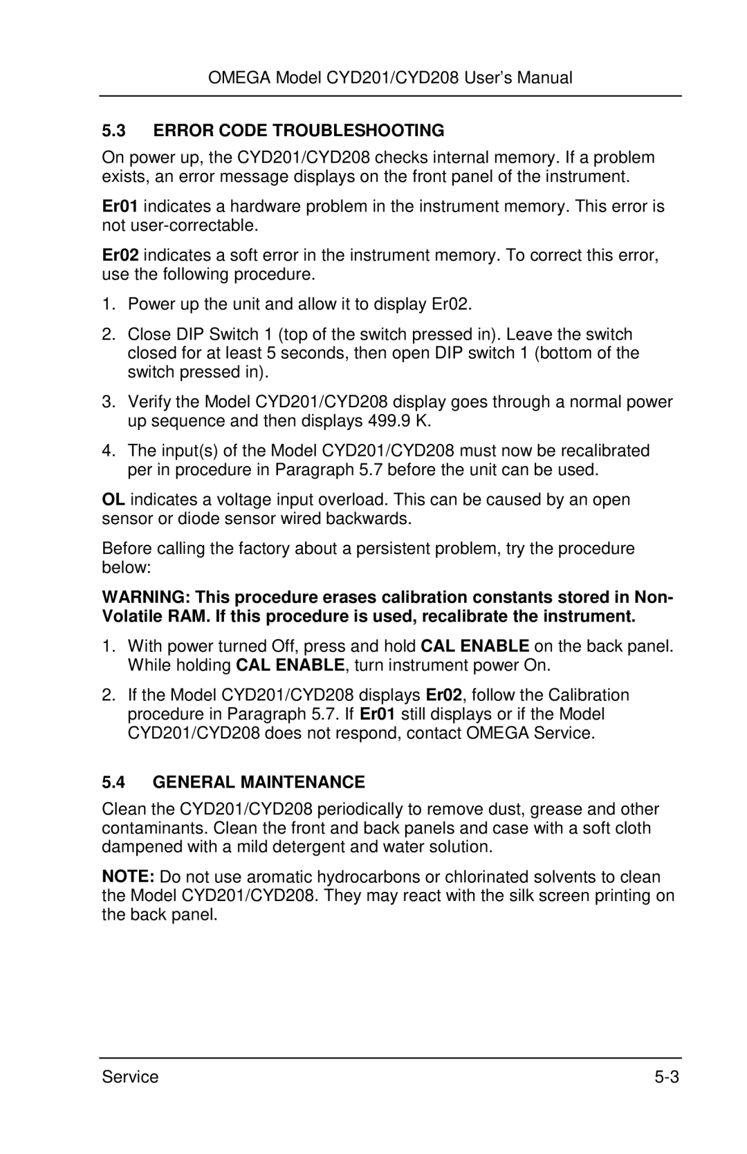 Omega Engineering CYD201 and CYD208 manual Error Code Troubleshooting, General Maintenance 