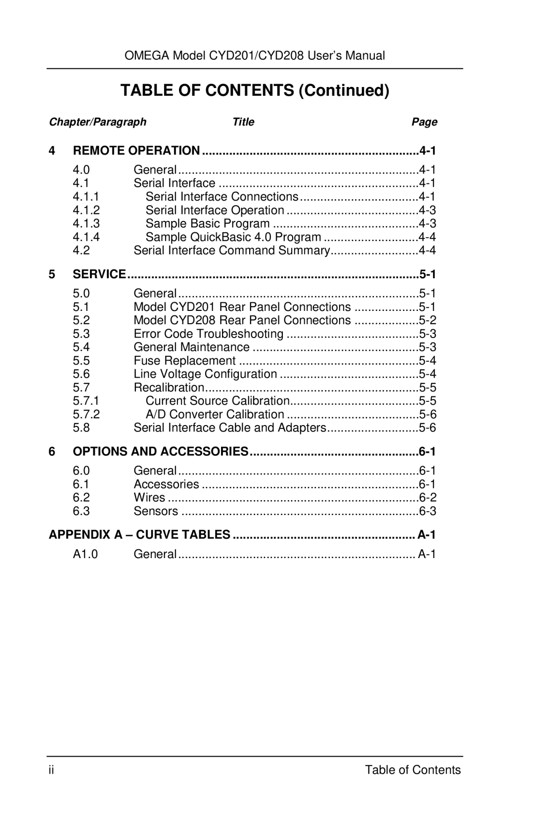 Omega Engineering CYD201 and CYD208 manual Table of Contents 