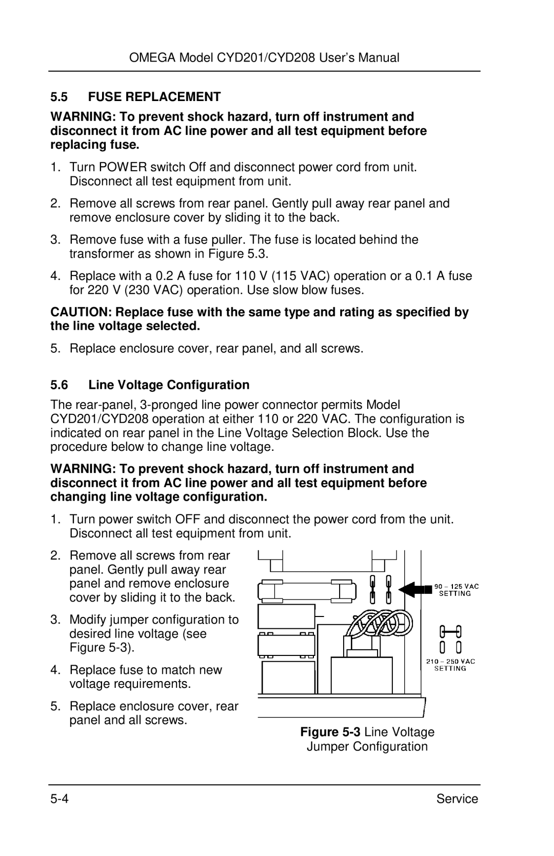 Omega Engineering CYD201 and CYD208 manual Fuse Replacement, Line Voltage Configuration 