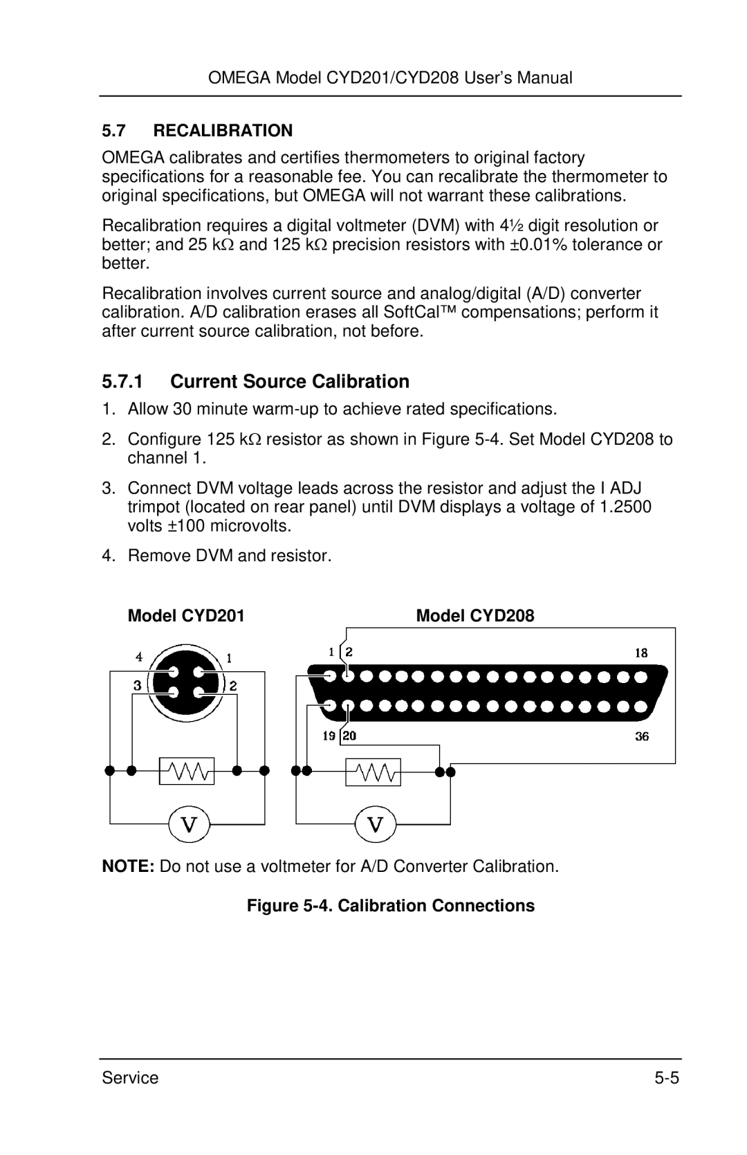 Omega Engineering CYD201 and CYD208 manual Current Source Calibration, Recalibration, Model CYD201 Model CYD208 