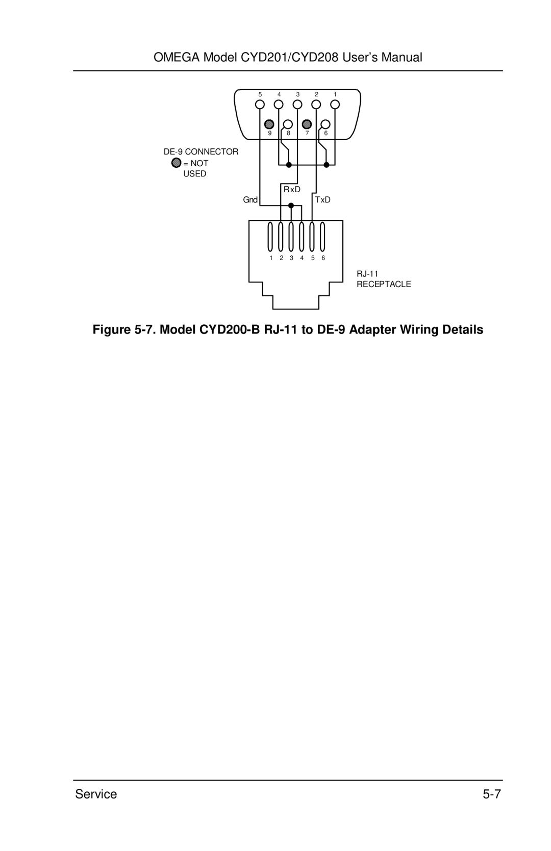 Omega Engineering CYD201 and CYD208 manual Model CYD200-B RJ-11 to DE-9 Adapter Wiring Details 