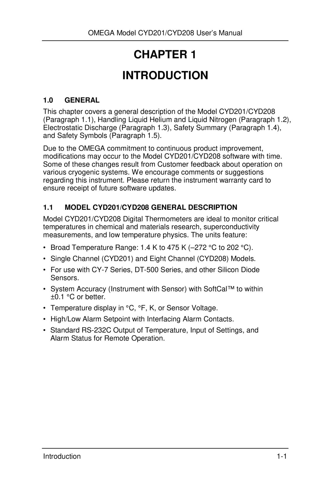 Omega Engineering CYD201 and CYD208 manual Chapter Introduction, Model CYD201/CYD208 General Description 