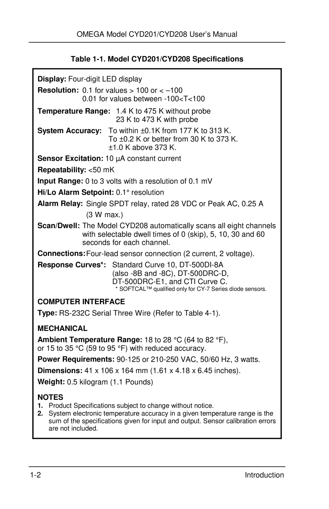 Omega Engineering CYD201 and CYD208 manual Model CYD201/CYD208 Specifications, Resolution 