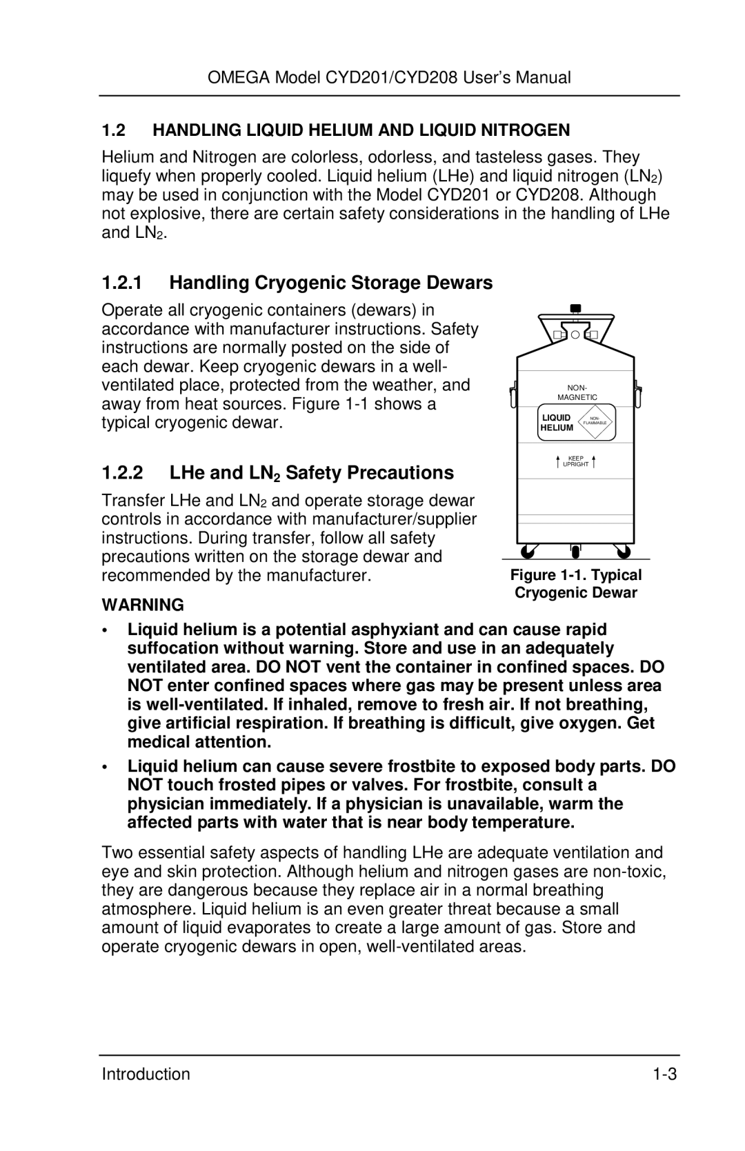 Omega Engineering CYD201 and CYD208 manual Handling Cryogenic Storage Dewars, LHe and LN2 Safety Precautions 