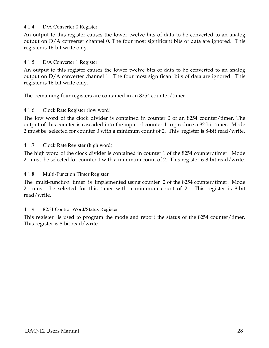 Omega Engineering DAQ-12 user manual 4 D/A Converter 0 Register, 5 D/A Converter 1 Register, Clock Rate Register low word 