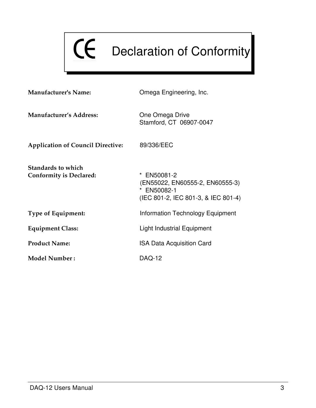 Omega Engineering DAQ-12 Manufacturers Name, Manufacturer’s Address, Application of Council Directive, Type of Equipment 