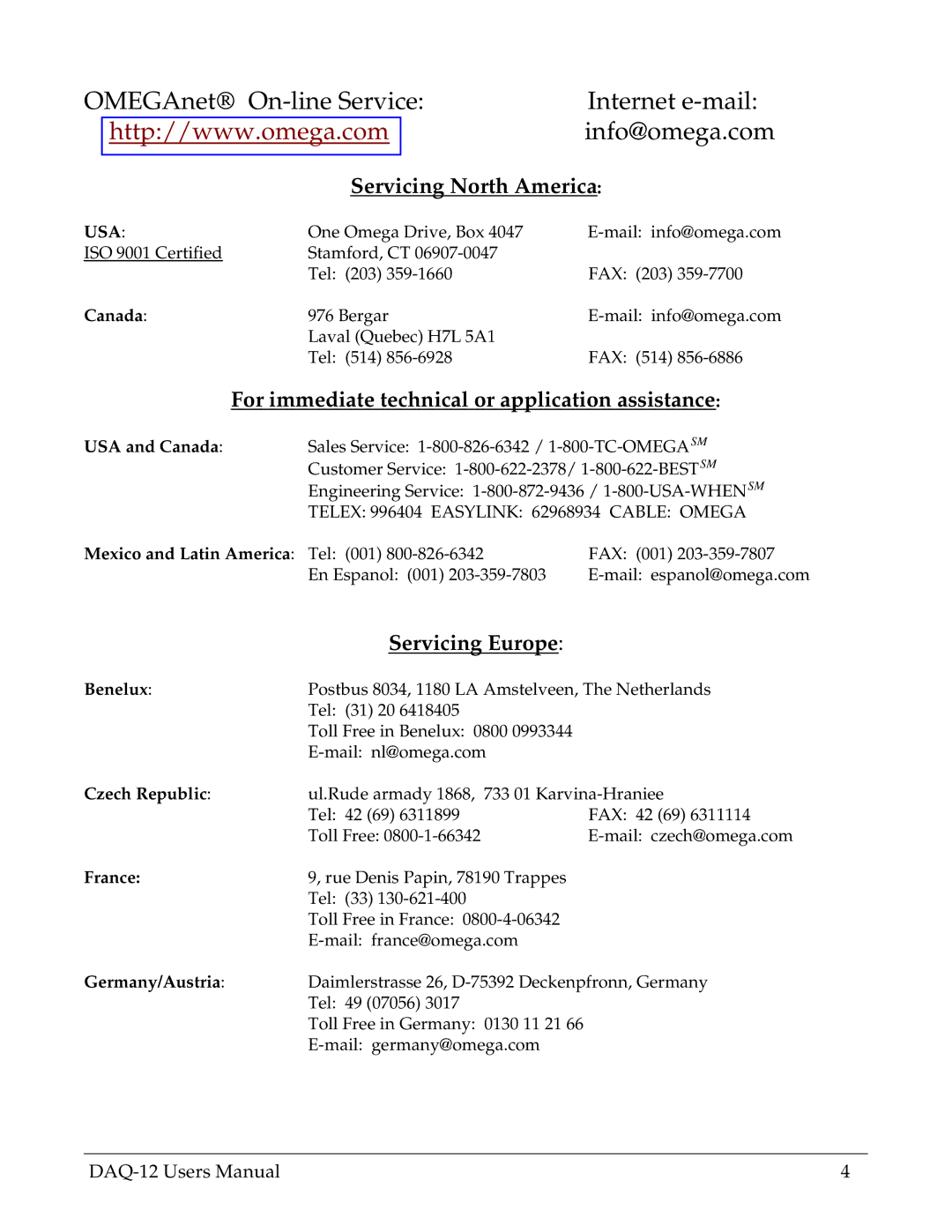 Omega Engineering DAQ-12 Servicing North America, For immediate technical or application assistance, Servicing Europe 