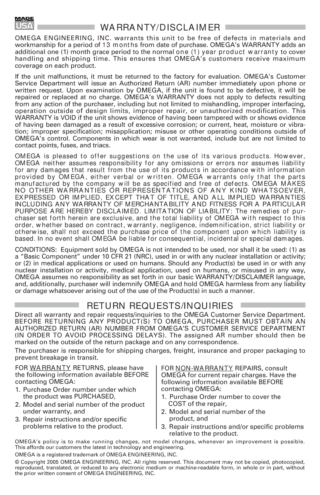 Omega Engineering DIN-190 manual Warranty/Disclaimer 