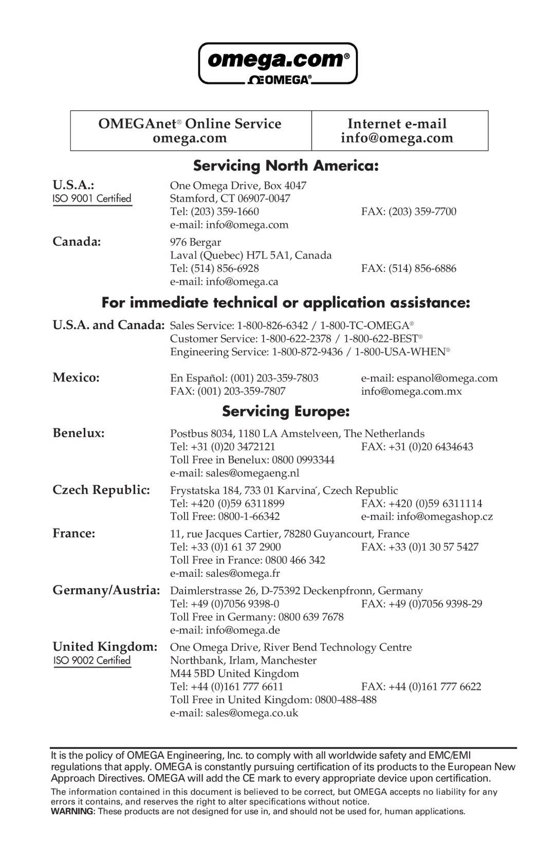 Omega Engineering DIN-190 manual Servicing North America 