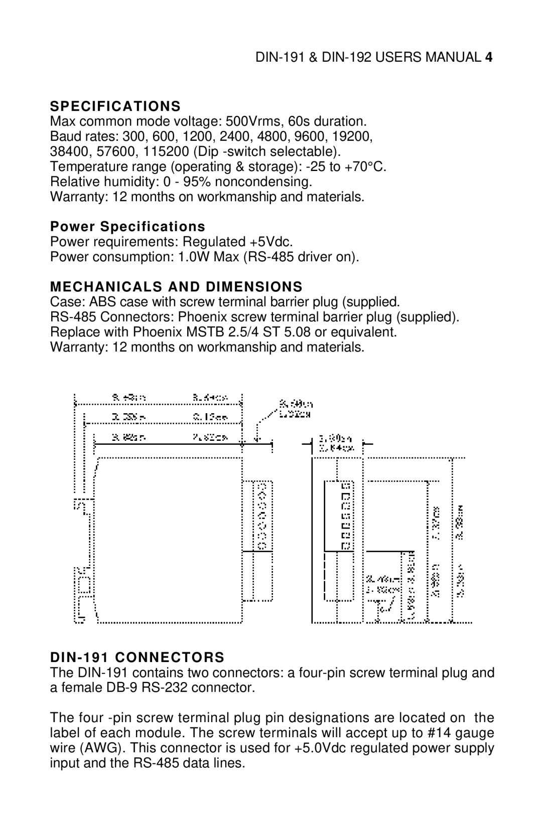 Omega Engineering DIN-190 manual Specification S, Mechanicals and Dimensions, DIN 191 Connectors 