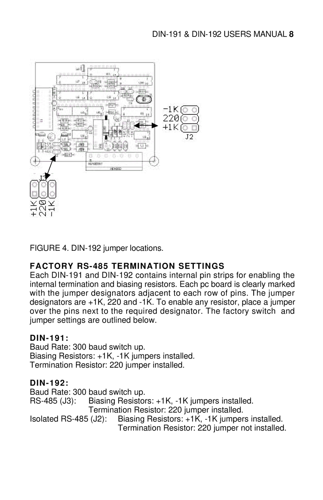 Omega Engineering DIN-190 manual Factory RS-485 Termination Settings, Din 