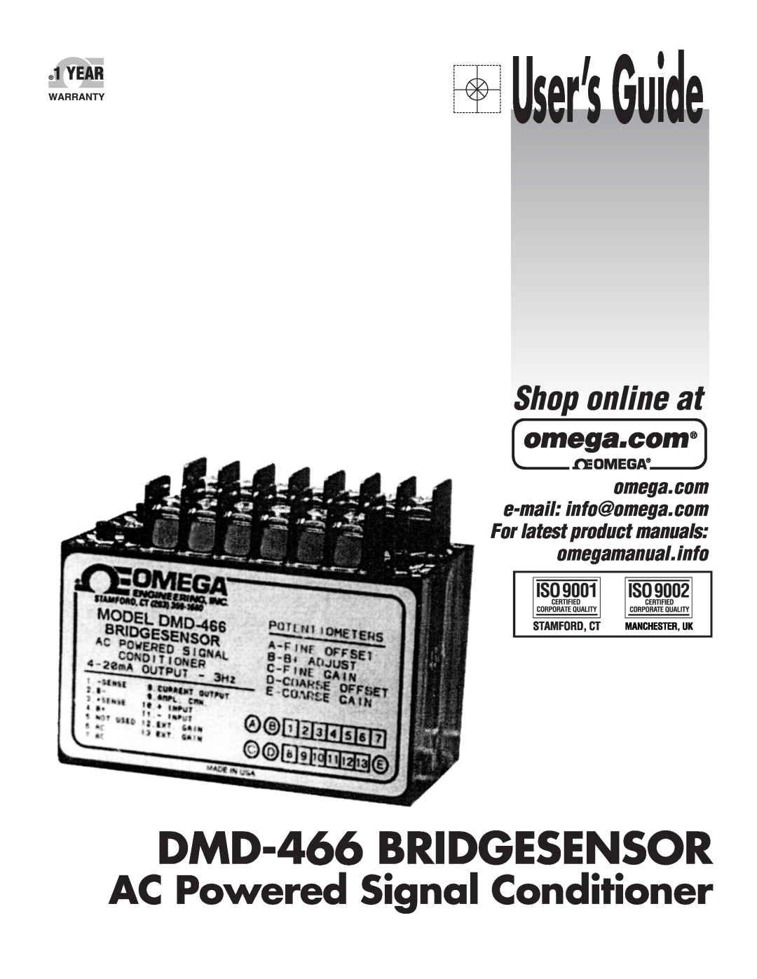 Omega Engineering manual User’s Guide, DMD-466BRIDGESENSOR, AC Powered Signal Conditioner, Shop online at 